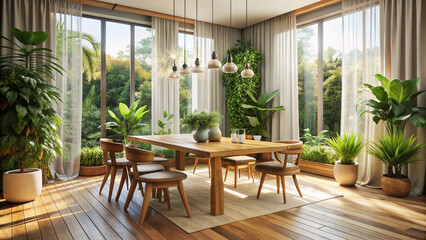 Obraz premium Empty wooden table in a bright modern room with a subtle bohemian vibe, surrounded by natural light, floor-to-ceiling curtains, and lush greenery.