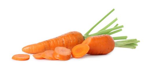 Whole and cut fresh carrots isolated on white