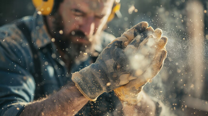 Focused carpenter clapping hands to remove sawdust, wearing protective gloves and earmuffs, working in a dusty workshop