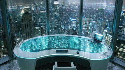 Futuristic office desk with digital interface overlooking a city skyline at night, featuring high-tech elements in an urban setting.