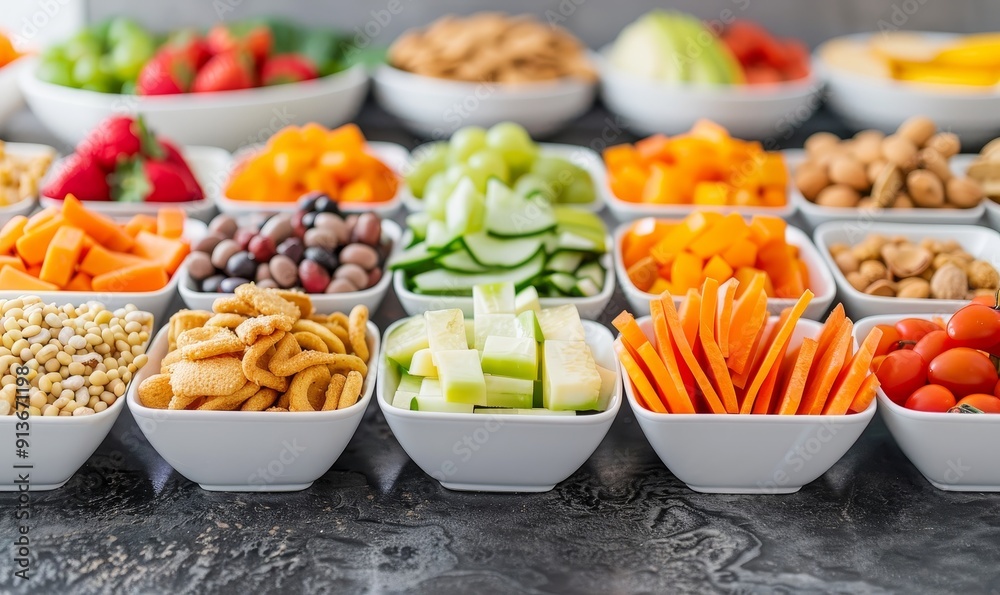 Wall mural healthy food choices a colorful array of fresh fruits, vegetables, nuts, and grains in white bowls on a gray countertop.