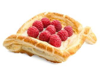 Tasty puff pastry with raspberries isolated on white