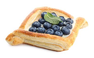 Tasty puff pastry with blueberries and mint isolated on white
