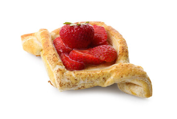 Tasty puff pastry with strawberries isolated on white