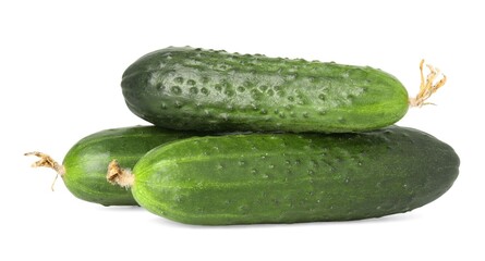 Three fresh green cucumbers isolated on white