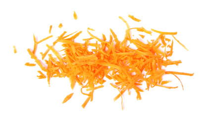 Pile of fresh grated carrot isolated on white, top view