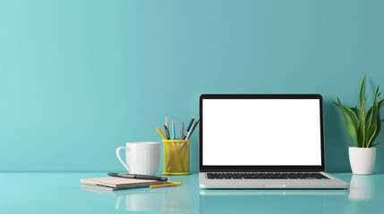 Naklejka premium Laptop with Blank Screen on Turquoise Desk with Plant, Pen, and Notebook