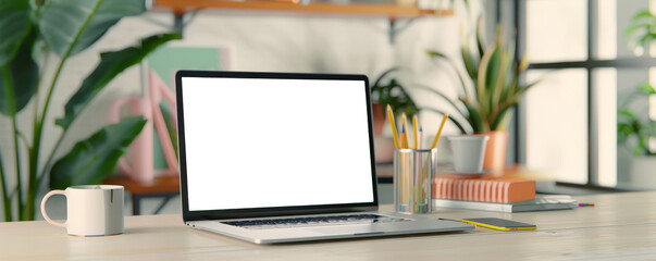 Fototapeta premium Laptop, Phone, and Coffee on a Wooden Desk