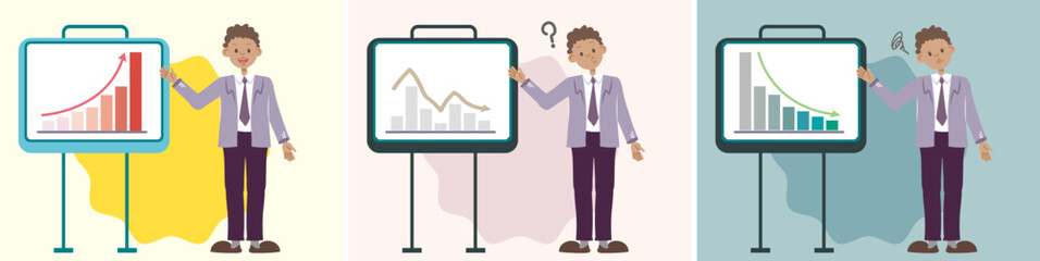 Set of black businessman present growth, decline and sluggish chart turnover or profits chart arrow.. Flat cartoon style African office worker performance. Business report. Finance presentation. sell
