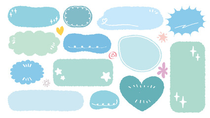 Set of hand drawn style cute memo sticker. Variety abstract shapes of blue speech bubble. Girl style frame with crayon draw. Chat box balloon cloud. Sweet retro label tag collection vector for tex