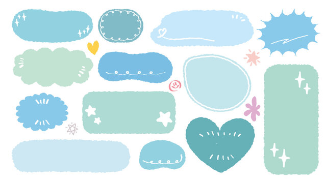 Set of hand drawn style cute memo sticker. Variety abstract shapes of blue speech bubble. Girl style frame with crayon draw. Chat box balloon cloud. Sweet retro label tag collection vector for tex