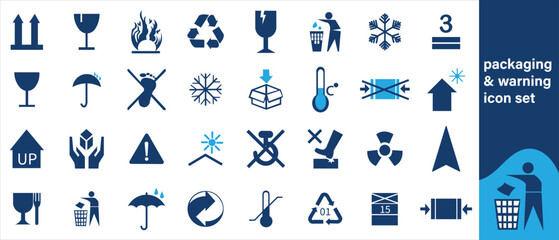 Fototapeta premium Common packaging & warning symbols with curved frame. Handle with care, Fragile, Recycling, This side up, Indoor use only, Flammable vector icon set