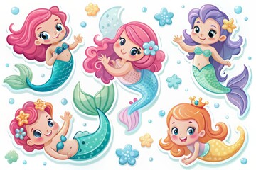 Group Cute Cartoon Mermaids With