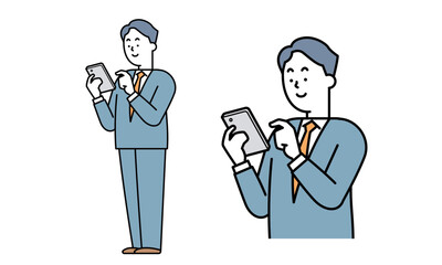 スーツを着た男性がスマホを操作している（斜め）イラスト素材