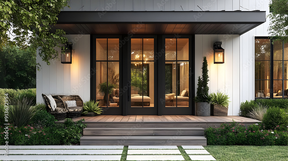 Poster Modern home entrance with a patio and lush greenery.