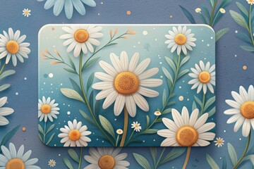 Colorful illustration of daisies with green leaves on a blue background.