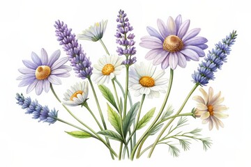 Watercolor bouquet of daisies and lavender flowers.