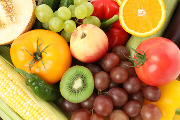 Different fresh fruits and vegetables as background, top view