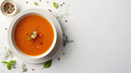 soup in a bowl on white background, top view, copy space for text
