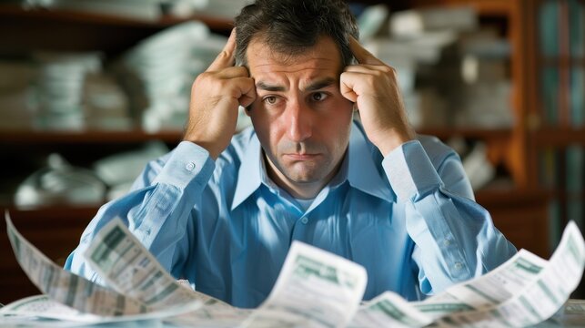 A man experiences stress while looking at a pile of financial documents on his desk