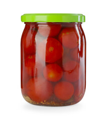 Tasty pickled tomatoes in jar isolated on white