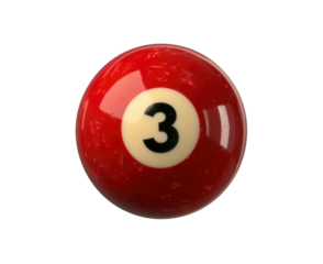 A close-up image of a red billiard ball with the number 3 on it, isolated on a white background.
