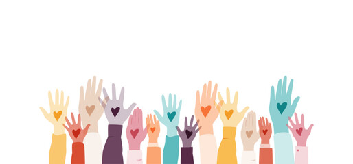 Raised hands. Volunteering, teamwork concert.