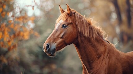 Obraz premium Closeup brown horse stands in a meadow farm