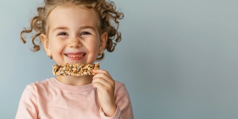 happy little girl with curly hair eating a healthy granola bar snack with a big smile - positive childhood nutrition concept
