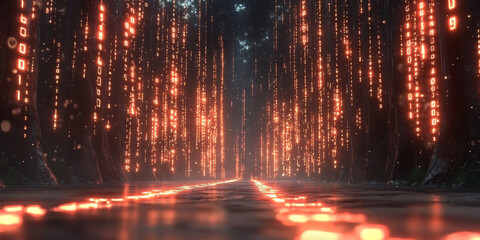 Obraz premium Digital binary code data streaming on a dark background