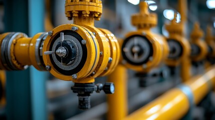 Fototapeta premium Yellow pipes and valves in gas plant. Gas plant concept with control system