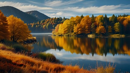 Obraz premium Beautiful Fall landscape with lake and mountain 
