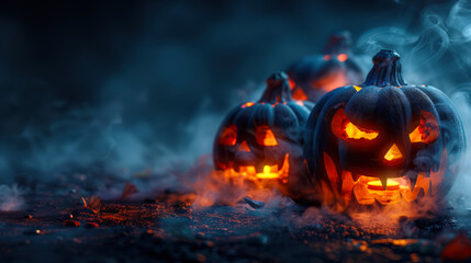 Happy Halloween. Three sinister pumpkins with a burning candle inside are laughing in the dark on the charred ground. Pumpkins with glowing eyes are illuminated in the night