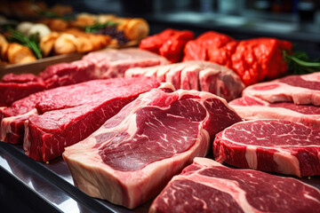 Different cuts of fresh raw red meat in supermarket