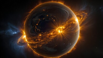 Solar Flares and Space Weather. Depicting solar flares and space weather, showing how solar activity affects Earth's magnetosphere & can disrupt communication systems. 