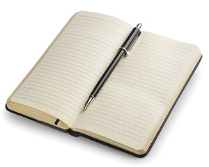 Open lined notebook with a black pen placed diagonally. Perfect for journaling, note-taking, and organizing thoughts.
