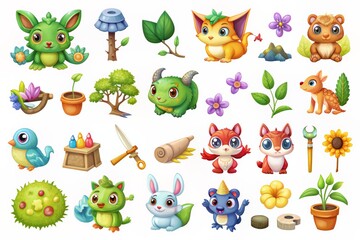 Obraz premium Collection of cute, colorful cartoon animals and plants.
