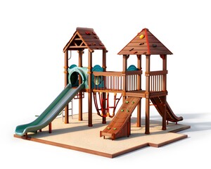 Outdoor wooden playground set with slides and climbing features against a white background, perfect for children's active play.