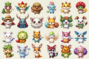 Collection of cute, colorful cartoon animals and plants.