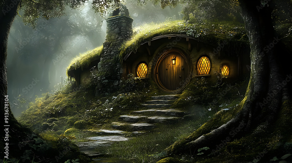 Wall mural Enchanted Forest Hobbit House Illustration