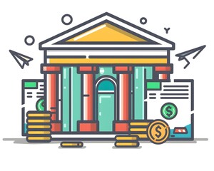 Fototapeta premium Vector illustration of a bank with coins, banknotes, and documents, depicting financial transactions and business management.