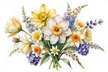 A beautiful bouquet of spring flowers including daffodils and lilacs.