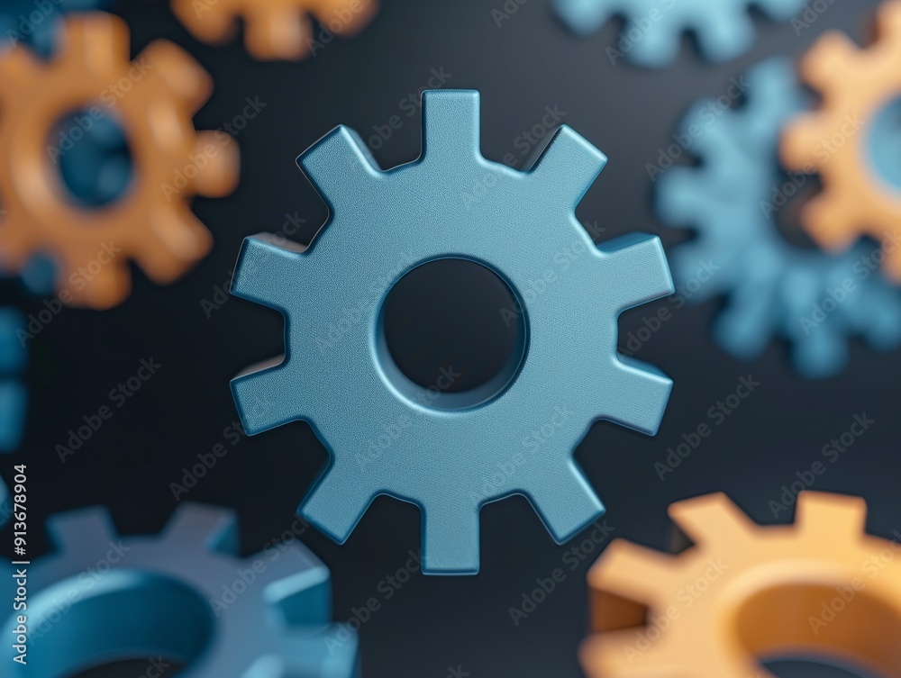 Wall mural blue and orange 3d cog wheels in depth of field against black background - industrial machine part c