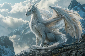 A white glowing dragon sits on top of a mountain during the day. © Vovmar