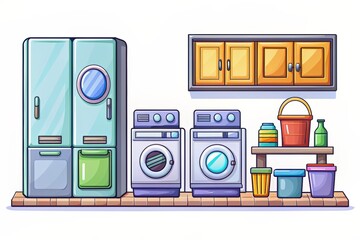 A tidy and well-organized laundry room with various cleaning supplies and equipment.