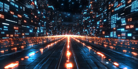 Obraz premium Digital binary code data streaming on a dark background