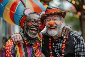 Obraz premium Joyful Mixed Race Gay Couple Celebrating in Colorful Clown Costumes - Laughter and Happiness