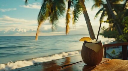 Cocktail in a coconut against the backdrop of the final ocean -4k new stock video footage