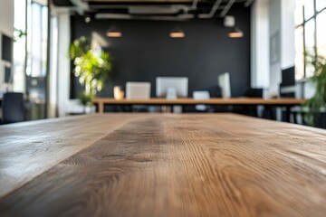 Fototapeta premium Blurred background of a contemporary office with a wooden table in the foreground, providing a space for office presentations with generative ai