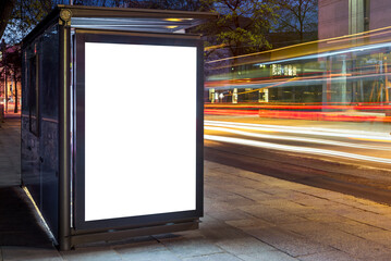 Blank White Mock Up Of Vertical Poster Light Box In A Bus Stop At Night